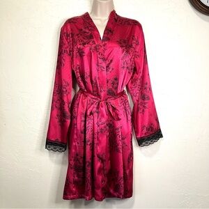 Sexy Red APT 9 Satin Floral Lace Long Sleeve Robe Size L